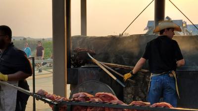 Pitchfork steak fondue for dinner.  The steak was good.  They cook them all to medium.  The view of town from there was 