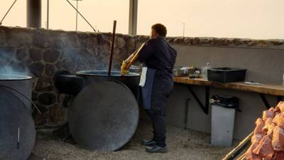 Pitchfork steak fondue for dinner.  The steak was good.  They cook them all to medium.  The view of town from there was 